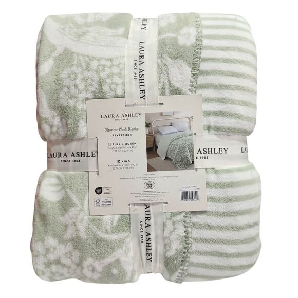 Laura‎ Ashley King Plush Blanket Reversible Floral Stripe Sage Ivory Shabby Chic - Picture 8 of 16